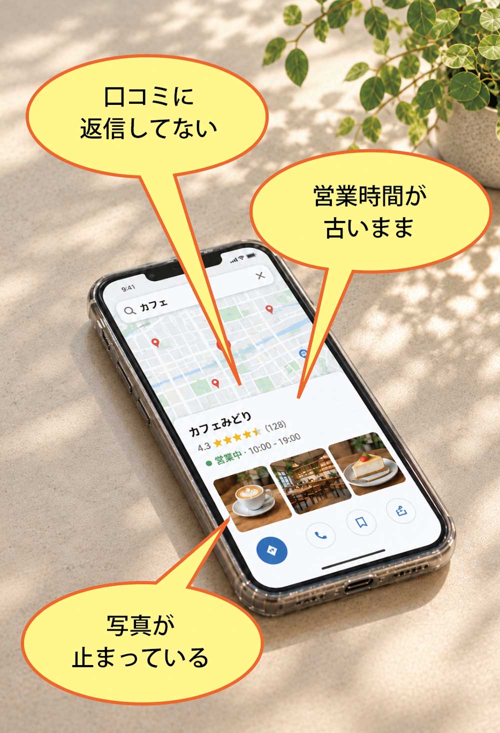 Googleマップの画面。検索で6番目、写真が止まっている、口コミに返信がない